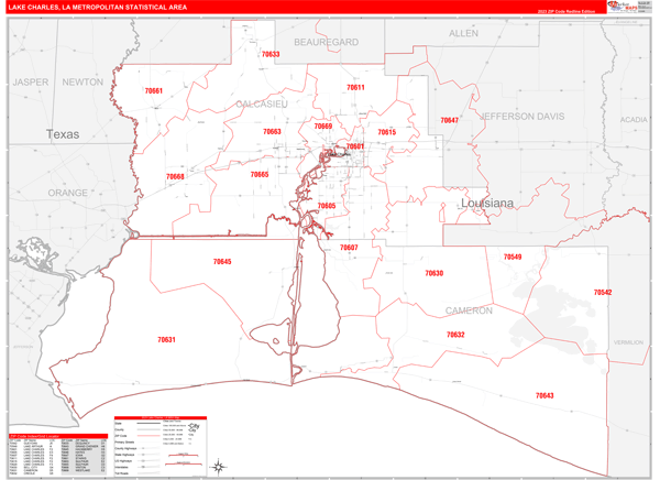 Lake Charles Metro Area Digital Map Red Line Style